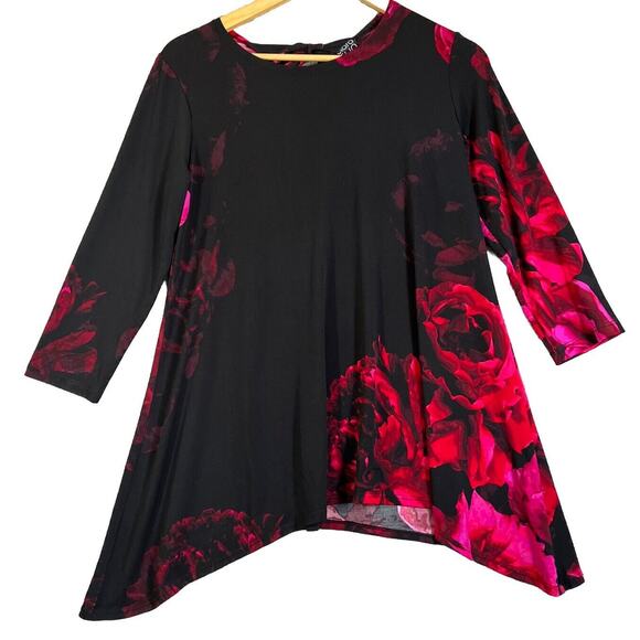 Clara Sun Woo Tunic Women's Small Black Pink Peony Asymmetric Tie Neck A-Line - Picture 1 of 16